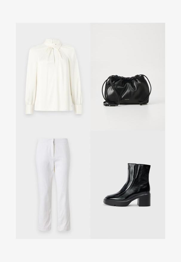 Blusa de manga larga y cuello alto en color crema, fabricada en una tela suave. Presenta un detalle fruncido en el escote y mangas abullonadas.; Pantalones de algodón blancos con un diseño de pierna recta, que cuentan con una cintura de media altura y sin herrajes o patrones visibles. Textura suave en todo su recorrido.; Botas de tobillo de charol negro con puntera curva, paneles laterales elásticos y un tacón ancho. Presentan un logo embosado en la parte posterior.; Bolso de mano de cuero negro con diseño fruncido, cierre de doble cordón y correa de hombro desmontable. Presenta un detalle metálico del logo.