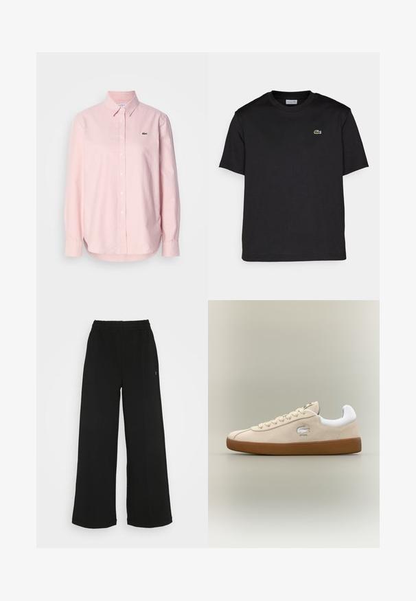 Gaiši rozā garajām piedurknēm pogājama krekla izgatavots no kokvilnas. Tam ir klasiskā apkakle un mazs zaļš logotips uz krūšu. Pielāgota piegriezuma.; Melna kokvilnas T-krekls ar apaļu kakla izgriezumu, īsām piedurknēm un mazu zaļu izšūtu logotipu kreisajā krūtīs. Vienkāršs dizains.; Melni platās bikses ar elastīgu jostu. Izgatavotas no mīksta, viegla materiāla. Iezīmē vertikālas šuves gar priekšpusi.; Beige zamšas čības ar baltām akcentiem un gumijas zoli. Ir paaugstināts logo sānos un kontrastējošas beige krāsas šņores. Klasisks dizains.