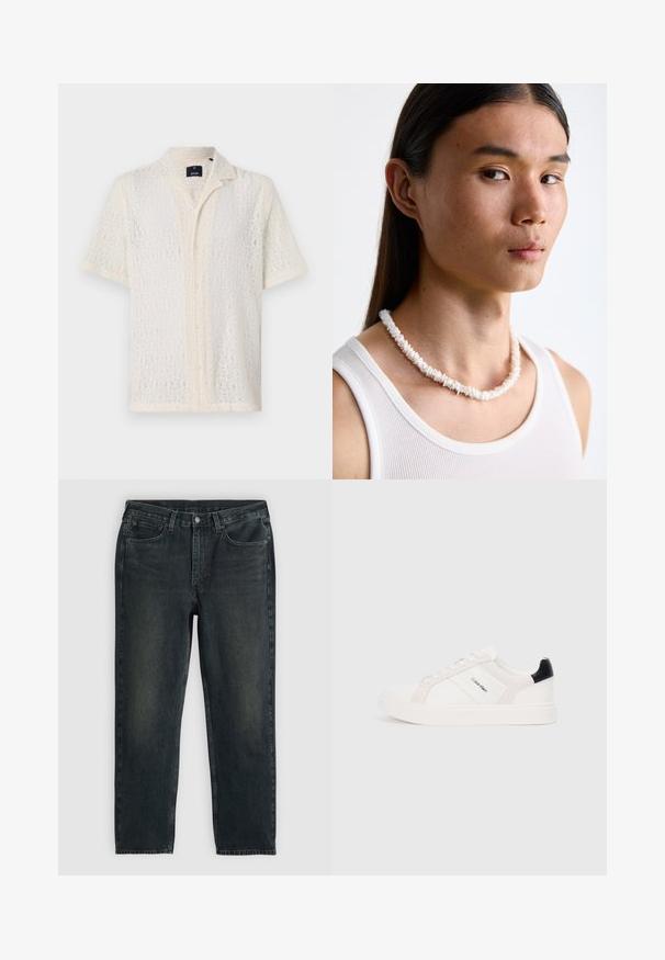Kortermet skjorte i gjennomsiktig, off-white blonde med diamantmønster, spiss krage og knappestolpe. Myk tekstur, lett design.; Mørkeblå denimjeans med rette ben, med fem lommer, glidelås og kontraststing. Subtil fading på stoffet.; Hvite sneakers med lys rosa og svarte detaljer, med glatte lær- og semskede paneler, rund tå og flat gummisåle.; Hvit skjellkjede bestående av uregelmessige former, båret over en tettsittende hvit tanktop. Glatt tekstur med subtil glans, tettsittende design.