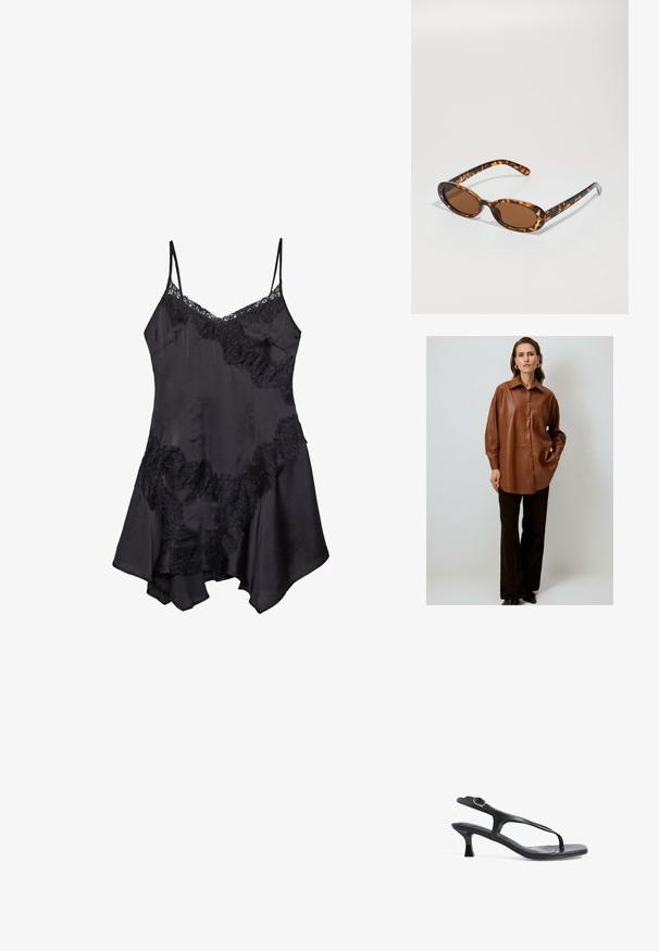 Camicia button-up in finta pelle marrone con colletto a punta, vestibilità ampia e maniche lunghe, abbinata a pantaloni neri a gamba larga.; Abito slip in satin nero con bordo in pizzo, dotato di spalline regolabili e orlo svasato, texture morbida e dettagli decorativi a ruches.; Sandal in pelle nera con design sottile, cinghie sottili e un tacco piccolo. Presenta un accento con fibbia e una soletta liscia e texturizzata.; Occhiali da sole tartaruga con montatura ovale, lenti marroni e astine nere sottili con accenti di pattern discreti.; Borsa a tracolla nera con manici corti, dotata di una chiusura e dettagli in oro. Il design è strutturato, con una silhouette geometrica.