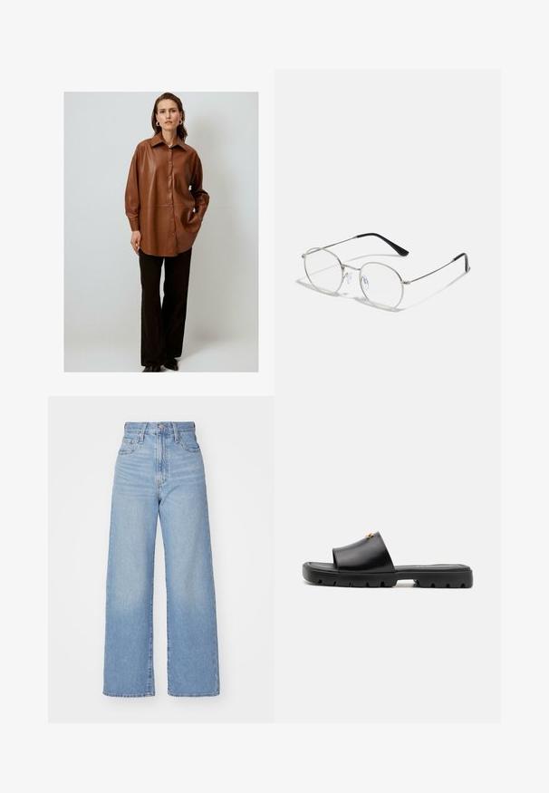 Brun faux læder knap-op skjorte med spidse krave, løs pasform og lange ærmer, parret med sorte vide bukser.; Lyseblå højtaljede bukser med bred benåbning, med frontknap og lynlås, samt for- og baglommer, på en hvid baggrund.; Sorte mules med en glat, mat læderoverdel og en tyk, tekstureret gummisål. Bemærkelsesværdig guldbeslag på overdelen. Simpelt, åbent design.; Runde metalbriller med en slank sølvramme, klare linser og sorte templer med gummitips for komfort. Minimalistisk design.