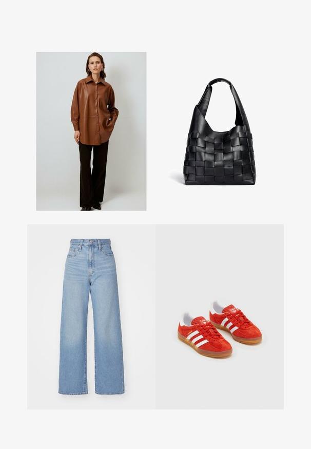 Bordeaux neplederen overhemd met knopen en een puntige kraag, in een losse pasvorm met lange mouwen, gecombineerd met zwarte wijde broek.; Lichtblauwe high-waist wijde jeans met een knoop- en ritssluiting aan de voorkant, voor- en achterzakken, op een witte achtergrond.; Rode suède sneakers met witte strepen, rubberen gumzool, gewatteerde kraag en logo op de tong. Klassiek ontwerp met textuur op de bovenkant.; Zwarte leren geweven tote bag met een slouchy vorm en een brede schouderriem. Kenmerkt zich door een gestructureerd, verweven ontwerp met een gladde afwerking.