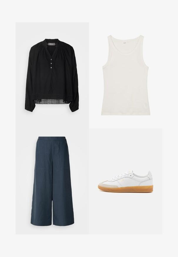Sort bluse med lange ærmer, knappelist foran og rund halsudskæring. Har delikate blonde detaljer langs bundens kant og manchetterne. Glat stof.; Hvid bomulds tanktop med en bred halsudskæring og tynde skulderstropper. Glat tekstur uden synlige mønstre eller udsmykninger.; Bredde ben bukser i marineblå, lavet af letvægtsstof. Har en let struktureret overflade, elastisk talje og forseglede sømme foran.; Hvide lædersneakers med beige ruskindsdetaljer, gummisål og snøredesign. Har diskret branding i guld.