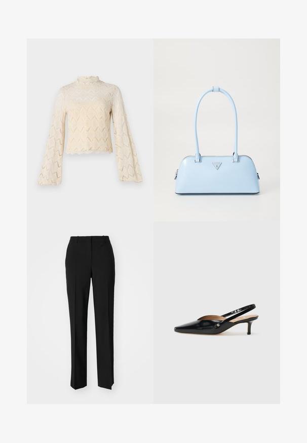 Top in pizzo color crema, con maniche a campana e collo alto. Motivo a diamante su tutta la superficie con dettagli a scallop sul fondo. Tessuto trasparente.; Pantaloni neri su misura con un design a gamba dritta, caratterizzati da una texture liscia e pieghe ben definite sul davanti. Senza hardware visibile.; Décolleté slingback in vernice nera con punta affilata, tacco basso e design con aperture sul vamp. Accento in hardware color oro sul lato.; Borsa a mano azzurro chiaro con forma strutturata, materiale in pelle liscia, due manici e logo triangolare sul davanti. Chiusura con zip.