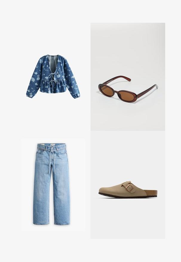 Jeansbluse mit tiefem V-Ausschnitt und Kordelzug vorne, mit einem Peplum-Taille und floralem Muster in hellblau auf einem dunkelblauen Hintergrund.; Langärmliges Baumwoll-T-Shirt mit schwarz-weißen horizontalen Streifen, Rundhalsausschnitt und weicher Textur. Keine sichtbaren Beschläge oder Akzente.; Hellblaue Jeans im weiten Schnitt mit hoher Taille, Knopf- und Reißverschluss sowie einer Kordelzugdetails an der Taille. Roh geschnittener Saum.; Beige Clogs mit einer abgerundeten Zehenpartie, verstellbarem Schnallenakzent und Korkfußbett. Strukturierte Oberfläche mit einer schwarzen Gummisohle für besseren Halt.; Runde, braun getönte Sonnenbrillen mit einem glänzenden burgunderfarbenen Rahmen. Schlanke Bügel mit dezentem Branding. Flaches Linsendesign.