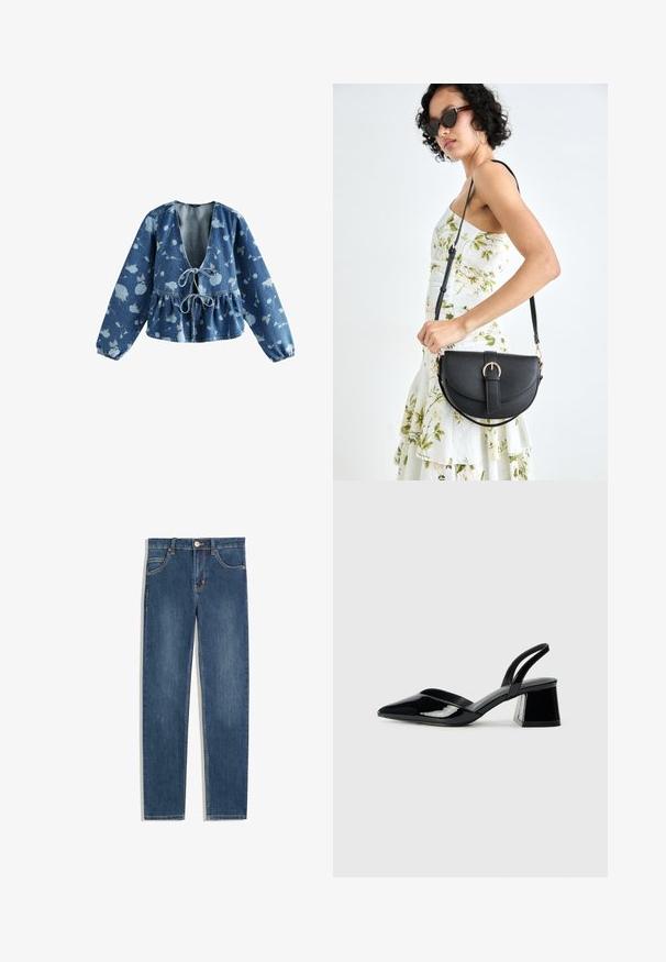 Blusa in denim con scollo a V profondo e parte anteriore con coulisse, caratterizzata da vita peplum e motivo floreale azzurro su sfondo blu scuro.; Jeans in denim blu scuro con vestibilità dritta, cinque tasche, dettagli di cucitura sottili e un bottone metallico in vita.; Décolleté in vernice nera con punta affusolata e tacco in geometria cubica. Presentano un design elegante e minimalista, con una texture liscia.; Borsa a tracolla nera in pelle con una forma curva, manico rimovibile e accessori dorati. La borsa presenta una patta con un dettaglio a fibbia.