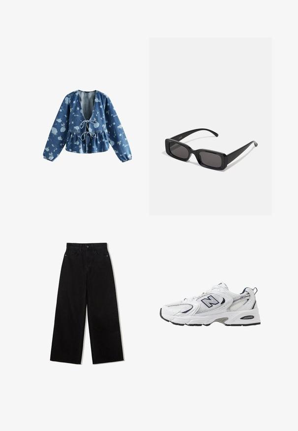 Blouse en denim avec un décolleté en V profond et un cordon de serrage à l'avant, présentant une taille peplum et un motif floral en bleu clair sur un fond bleu foncé.; Jeans noirs à jambes larges en denim avec une taille haute, présentant un design à cinq poches et une fermeture à un bouton à l'avant.; B baskets blanches avec une tige en mesh, des accents bleu marine et une semelle rembourrée. Présente le logo "N", des lacets et un détail texturé sur le côté.; Lunettes de soleil noires rectangulaires avec des verres foncés, finition brillante, larges branches et un design de monture épaisse. Nom de marque gravé sur une branche.
