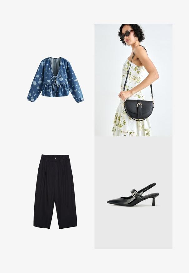 Denimbluse med dyb V-udskæring og snoreholdt front, med peplum talje og blomstermønster i lyseblå på en mørkeblå baggrund.; Sorte polyester culotte bukser med elastisk talje, to forpiber og en løs silhuet. Ingen synlige mønstre eller hardware detaljer.; Sorte laker slingback hæle med spids tå og en lille blokhæl, med en sølvspændeaccent på remmen.; Sort læderhåndtaske med en buet form, aftagelig rem og guldfinish. Tasken har en klap med en spænde detalje.