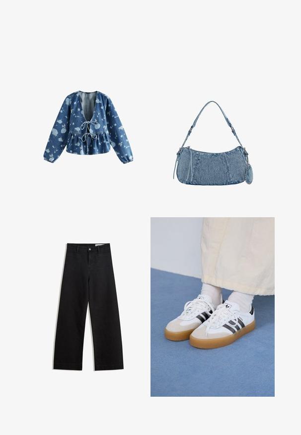Džínová blúzka s hlbokým V-výstrihom a šnúrkou vpredu, s peplum pásom a kvetinovým vzorom v svetlo modrej farbe na tmavo modrom pozadí.; Čierne denimové nohavice s širokými nohavicami a vysokým pásom, so prednými a zadnými vreckami, šitými švami a zapínaním na gombík. Hladká textúra.; Biele tenisky s čiernymi pruhmi a béžovými semišovými detailmi. Majú textúrovanú gumovú podrážku a ploché biele šnúrky, kombinované s svetlými ponožkami.; Džínová kabelka s zakriveným tvarom, svetlomodrej farby, so nastaviteľným popruhom na rameno a malým odnímateľným vreckom s kovovými detailmi.