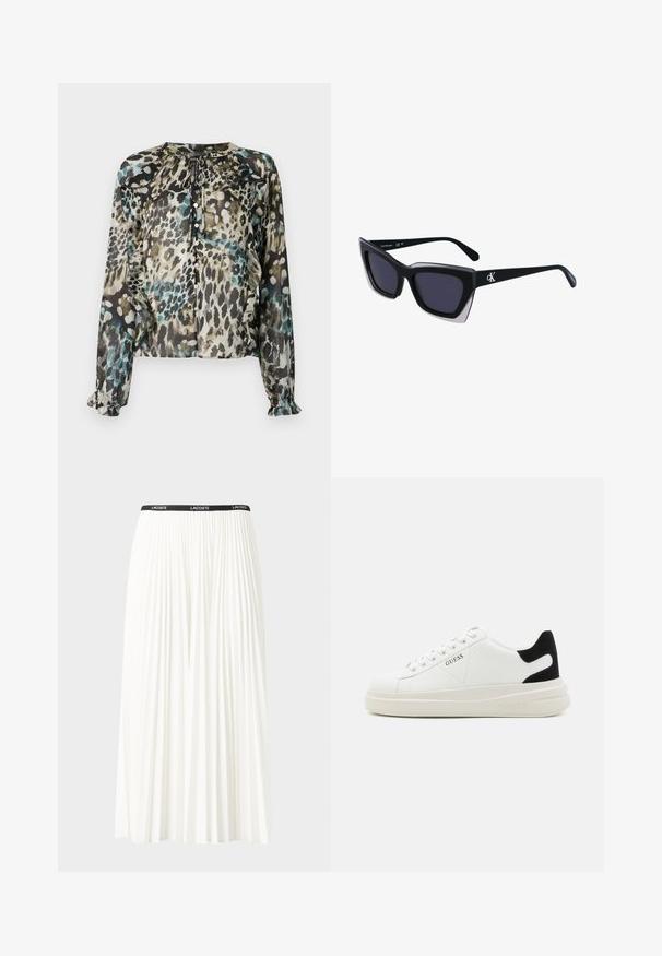 Przejrzysta, długosleeve bluzka w wielokolorowy wzór w panterkę, z okrągłym dekoltem, detalem z wiązaniem i falbankami przy mankietach.; Plisowana biała spódnica z czarnym elastycznym pasem z logo "LACOSTE". Średniej długości, o miękkiej teksturze.; Białe skórzane sneakersy z grubą białą podeszwą, czarnym zamszowym akcentem na pięcie oraz wytłoczonym logotypem z boku. Projekt z sznurówkami i sześcioma dziurkami.; Czarne, oversize okulary przeciwsłoneczne o geometrycznym kształcie, z ciemnymi soczewkami i kontrastującym szarym detalem na oprawie. Logo na ramieniu.