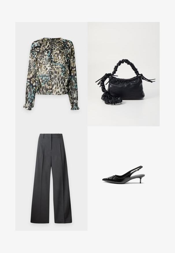 Skaidrus, ilgomis rankovėmis bluzonas su daugiakanale leopardų raštu, apvaliu kaklu, taip pat su užrišimu ir volanais ant rankovių.; Tamsiai pilkos plačios kojos kelnės, turinčios aukštą liemenį, vieną raukšlę ir sklandžią tekstūrą su tvarkingais kraštais.; Juodos odinės slingback aukštakulniai su smailiu nosiu, mažais katės kulnais ir dekoratyvine mazgo detale priekyje. Visas paviršius lygus.; Juodas dirbtinės odos rankinė su krokodilo tekstūra, sušnibždinta viršuje ir susikraipytu dirželiu. Atrodo minkšta ir kompaktiška.