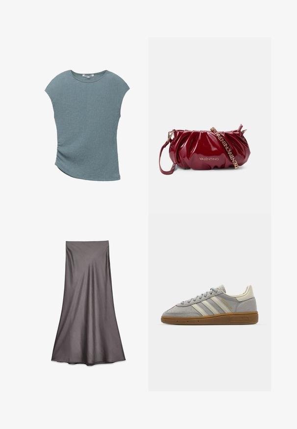 Vaaleansininen lyhythihainen paita, jossa on teksturoitu pinta, pyöreä pääntie ja epäsymmetrinen helma, johon on kerätty yksityiskohtia toiselle puolelle.; Harmaa satiinimidi-hame, joka on sileäpintainen ja virtaava muotoilu. Ominaisuudet suora leikkaus, joka ulottuu polven alapuolelle, ilman koristeita.; Harmaat mokka-tennarit, joissa on vaaleanharmaat nahkaviivat ja kumipohja. Ominaisuuksiin kuuluvat nauhakiinnitys ja huomaamaton brändäys kielen kohdalla.; Burgundy patenttijärjestöinen käsilaukku, jossa on kerätty muotoilu, kultaiset korut ja säädettävä hihna, jossa on "VALENTINO"-teksti.