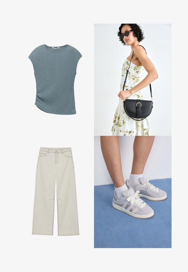 Világoskék, rövid ujjú felső texturált felülettel, lekerekített nyakkivágással és aszimmetrikus aljjal, egy oldalán ráncolt részletekkel.; Világosszürke, bő szárú nadrág, öt zsebbel, elülső gombos záródással és kontrasztos varrással a varrások mentén. Az anyag puhanak és tartósnak tűnik.; Szürke velúr sportcipők fehér fűzővel és gumi talppal, az oldalán három ferde csíkkal és a nyelvén logo folttal.; Fekete bőrtáska ívelt formával, levehető pánttal és arany színű fémrészekkel. A táskán egy csattal díszített fedél található.