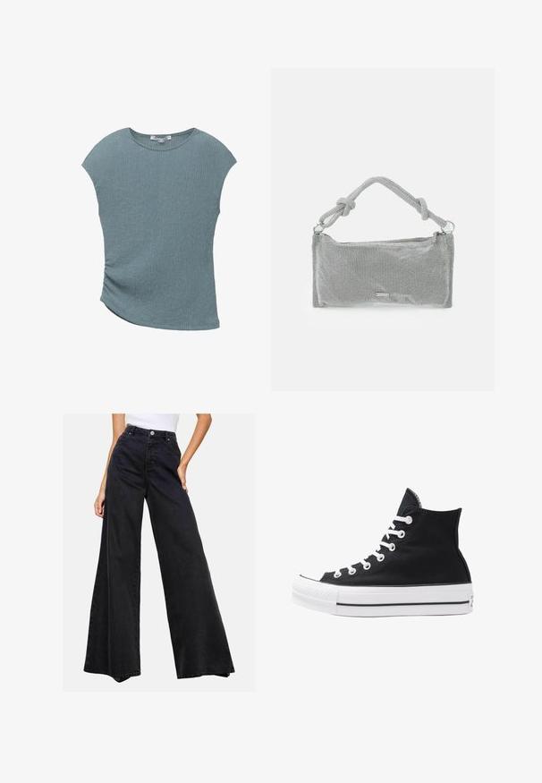 Svetlo modra majica s kratkimi rokavi z teksturirano površino, okroglo izrezom in asimetričnim robom z naborkom na eni strani.; Črne široke jeans hlače iz denima. Visok pas z gumbom, brez izrazitih vzorcev ali okraskov, z minimalističnim dizajnom.; Visoke črne platnene superge z belimi režami, vezalkami in gumijastim podplatom. Ponašajo se z teksturiranim zaščitnikom za prste in črno-belimi črtami.; Srebrna mrežasta torbica z vozlanim ročajem, pravokotne oblike, teksturirane površine in z zadrgo. Preprost, sodoben dizajn z minimalnimi dodatki.