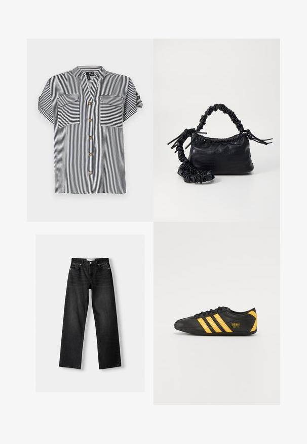Gestreepte blouse met korte mouwen in marineblauw en wit, voorzien van twee voorzakken, een knoopsluiting aan de voorkant en een ontspannen pasvorm. Bevat gouden knopen.; Bershka Straight leg jeans - mottled dark grey; Zwarte leren sportschoen met geel drie-strepen ontwerp, ronde neus, zwarte veters en klein logo aan de zijkant. Laag profiel silhouet.; Zwarte nepleer handtas met een krokodillenstructuur, opgedroogde bovenkant en een gekreukte hengsel. Het lijkt zacht en compact van ontwerp.