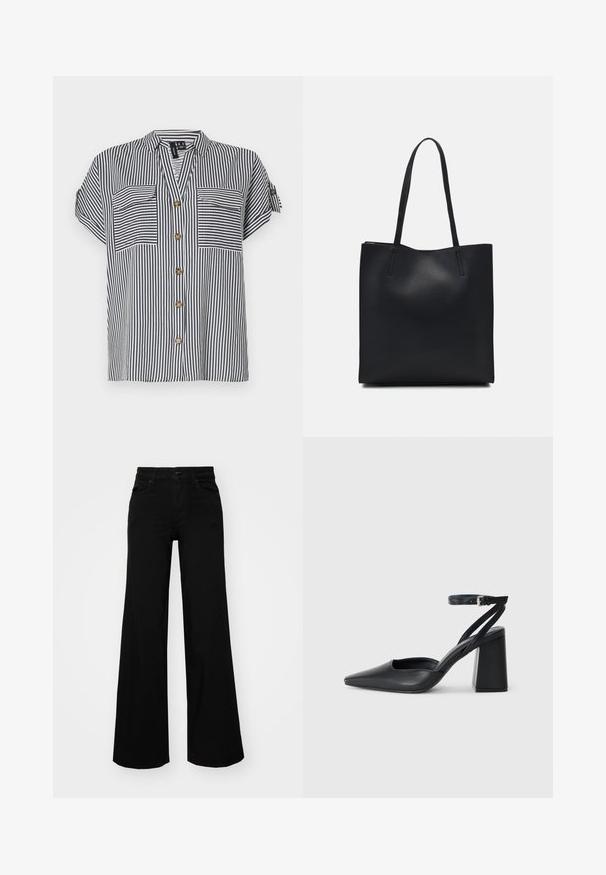Blusa a righe a maniche corte in blu navy e bianco, con due tasche frontali, chiusura frontale con bottoni e vestibilità comoda. Presenta bottoni in tono dorato.; Pantaloni neri a gamba larga in denim, con una vita strutturata, passanti per la cintura e tasche frontali. Texture liscia con un design classico.; Pump in pelle nera con punta affusolata, cinturino alla caviglia e tacco spesso. Texture piatta, design elegante ed estetica minimalista.; Borsa tote in pelle nera con texture liscia, forma rettangolare e due manici lunghi. Nessun hardware o decorazione visibile.