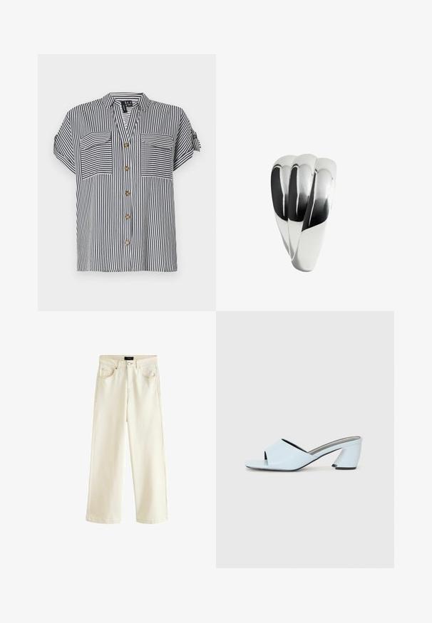Blouse à manches courtes rayée en marine et blanc, avec deux poches avant, un devant boutonné et une coupe décontractée. Dotée de boutons dorés.; Pantalon large en denim beige clair, featuring une fermeture à bouton, cinq poches et une texture lisse. Design simple et moderne.; Mules à talons ouverts bleu clair avec un design géométrique, dotés d'une large bride sur le pied et d'un talon épais et angulaire.; Bague en métal avec une finition argentée polie, présentant trois sections courbées entrelacées créant un design harmonieux et cohérent.