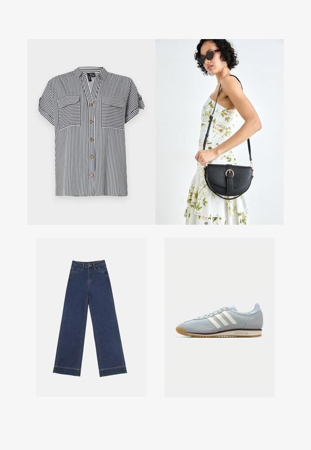 Pruhovaná blúzka s krátkymi rukávmi v námodro-bielej farbe, so 2 prednými vreckami, zapínaním na gombíky a voľným strihom. Obsahuje gombíky v zlatej farbe.; Džínsy s širokými nohavicami v tmavomodrom denime. Majú päť vreciek, pútka na opasok a surový spodný lem s viditeľnými švy.; Svetlomodré semišové tenisky s bielymi tromi pruhmi, gumovou podrážkou a textúrovanou sieťovinou. Majú hladký špic a branding na päte.; Čierna kožená kabelka s zaobleným tvarom, odnímateľným popruhom a zlatými doplnkami. Kabelka má klopu s detailom s prackou.