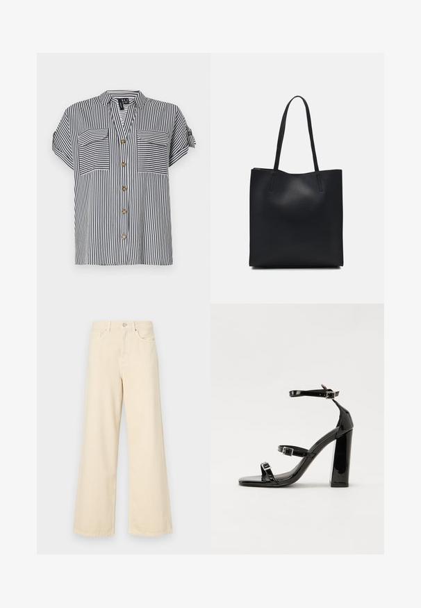 Striped short-sleeve blouse in navy and white, with two front pockets, a button-down front, and a relaxed fit. Features gold-tone buttons.; Beige wide-leg jeans made of cotton. Features a button closure, belt loops, and front pockets with a smooth, soft texture.; Black patent heeled sandals with a square toe, ankle straps, and silver buckles. Features a chunky block heel for stability.; Black leather tote bag with smooth texture, rectangular shape, and two long handles. No visible hardware or embellishments.