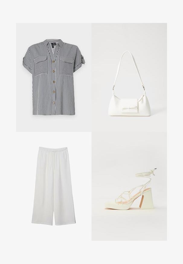 Raidoitunut lyhythihainen paita tummansinisessä ja valkoisessa, kahdella etutaskulla, napitettavalla edellä ja rentoa istuvuutta. Kultaista sävyä olevat napit.; Valkoiset leveälahkeiset housut, jotka on valmistettu kevyestä kankaasta. Niissä on joustava vyötärö ja nauha säädettävää istuvuutta varten. Sileä pinta.; Valkoinen korkokenkä, jossa on paksu korko, ja joka sisältää nauhakiinnityksen ja nilkkaketjun. Sujuva pinta, jossa on platform-etupohja lisäkorkeutta varten.; Valkoinen synteettinen käsilaukku, jossa on kolmikulmainen muoto, tasainen etu läppä ja nauhadetail, säädettävä olkahihna, sileä rakenne ja minimalinen muotoilu.