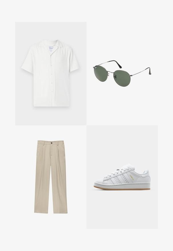 Biela košeľa s krátkymi rukávmi a gombíkmi vpredu, vyrobená z textúrovanej látky, s golierom a vo voľnejšom strihu.; Biele bavlnené tričko s krátkymi rukávmi, okrúhlym výstrihom a voľným strihom. Hladká textura bez viditeľných vzorov alebo akcentov.; Béžové nohavice s rovný strihom, s jedným čiernym gombíkom, pútkami na opasok a bočnými vreckami. Hladká textúra látky a minimálny dizajn.; Biele tenisky s perforovaným dizajnom trojprúžku, textúrovanými akcentmi, gumovou podrážkou a zlatým logom "CAMPUS" na boku.; Sunglass s metalovým rámom s oválnymi zelenými šošovkami. Tenký strieborný kovový rám a čierne štuple za uši. Minimalistický dizajn, bez viditeľných log.