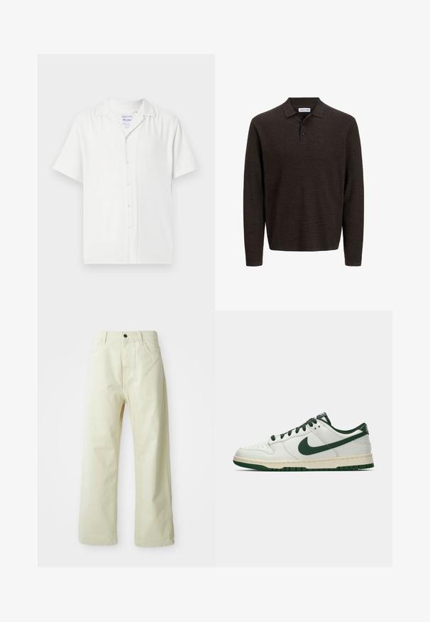 Vit skjorta med kort ärm och knappfront, tillverkad av textil med struktur, med krage och en avslappnad passform.; Brun långärmad pique-tröja gjord av textilstruktur. Har en klassisk krage och tre framknappar. Avslappnad passform med ribbade ärmslut.; Ljust gula, vida byxor i denim med knappstängning framtill, fem fickor och rak, odekorerad design.; Vit lågprofilsneaker med mörkgrön Nike-swoosh, snören och sulaccenter, visad i profil mot en neutral vit bakgrund.