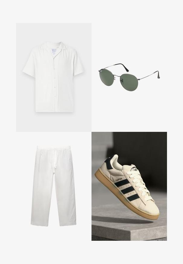 Cămașă albă cu mâneci scurte, cu închidere cu nasturi, realizată dintr-un material texturat, având guler și o croială lejeră.; Pantaloni albi din in, cu talie elastică și șnur, design cu picior larg și cusături curate. Textură netedă cu o croială casual.; Adidași din suede bej cu trei dungi albastre închise, șireturi albe și o talpă din cauciuc bej. Prezintă un logo pe limba pantofului și textul "CAMPUS".; Ochelari de soare cu ramă metalică, dotati cu lentile ovale verzi. Ramă subțire din metal argintiu și ușițe negre. Design minimalist, fără logo-uri vizibile.