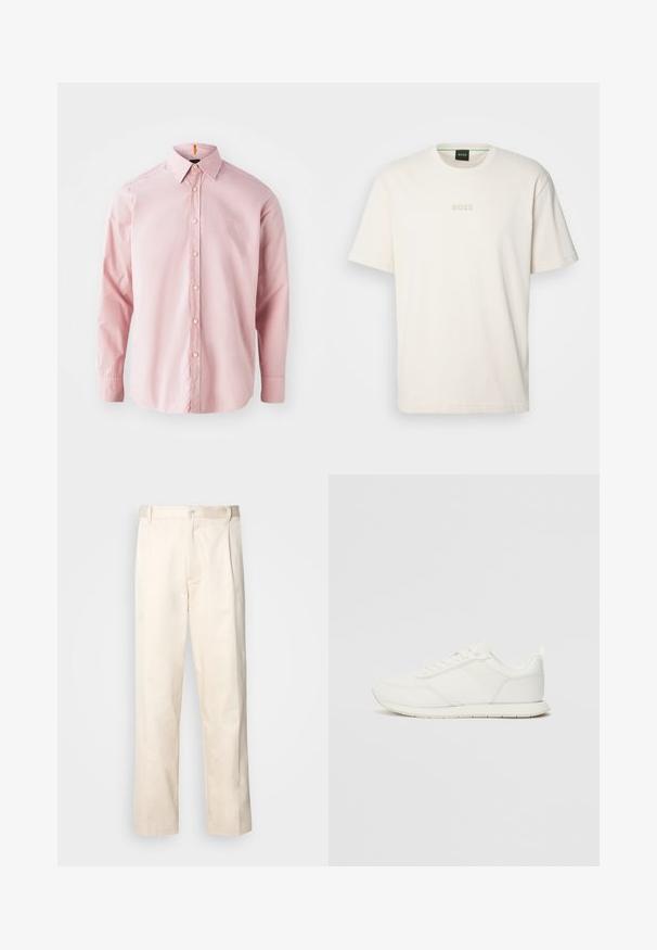 Kerge roosa pikade varrukatega nööbiga särk, mis on valmistatud puuvillast. Omab klassikalist kraed, ees nööpidega kinnitust ja diskreetset broderitud logo.; BOSS TEE - Lihtne T-särk - open white; Beesidised puuvillased püksid sirge jala lõikega, mis on varustatud nööpkinnituse ja ees olevate voltidega, et lisada detaili.; Valged tennisesid, millel on võrgust ja sünteetilisest materjalist ülemine osa, ümar varvas, lamedad paelad ja tekstureeritud külgmine triip. Kummist tallaosa, tagaküljel tõmbetab.