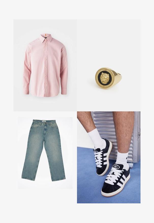 Lange mouwen, lichtroze knoopshirt gemaakt van katoen. Bevat een klassieke kraag, een knoopsluiting aan de voorkant en een subtiel geborduurd logo.; Lichtblauwe denim jeans met een hoge taille en een wijde pasvorm. Heeft voorzakken, een rits en zichtbare stiksel-details.; Zwarte suède sneakers met witte veters en drie witte strepen. Heeft een cirkelvormig zwart logo op de tong en een gumrubberen zool.; Gouden ring met een verhoogd leeuwmotief op een zwarte achtergrond, omringd door een circulaire band met de gegraveerde merknaam.