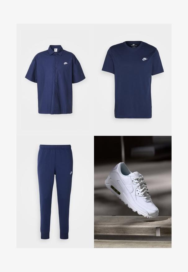 Tengerészkék, rövid ujjú, gombos ing gyűrött textúrával, fehér Nike logóval a bal mellrészen. Szabványos gallérral és fekete gombokkal rendelkezik.; Sötétkék pamut póló kerek nyakkivágással és rövid ujjal. Az előoldalon, a bal mellrészen fehér Nike logó található, valamint egyenes fazonú alsó szegély.; Sötétkék Nike melegítőnadrág, puha pamut keverékből készült, rugalmas derékkal, tapered lábakkal és egy kis fehér logóval az oldalon.; Fehér bőr sneaker, texturált felületekkel, párnázott gallérral és látható légpárnázottsággal a talpban. Felszereltsége fűzőkkel és minimalista dizájnnal rendelkezik.