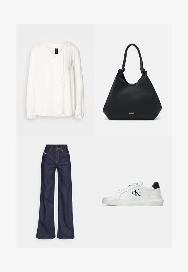 Balta garām piedurknēm, puloveris ar V veida izgriezumu, ar aukliņu detaļu un savilktām piedurknēm. Mīksta auduma, brīvas formas un nedaudz izliekta apakšmala.; Tumši zili platleņķa džinsi no denima auduma ar augstu jostasvietu, ar oranžām šuvēm, piecu kabatu dizainu un pogu aizdari.; Baltā zema topa sporta apavas ar melnu papēža cilni, platformas zoli, auklēm un Calvin Klein "CK" logo sānos.; Melnas ādas somiņa ar teksturētu apdari, mezglota roktura akcenti un zelta logo detaļa apakšā. Iedzimta izliekta silueta.