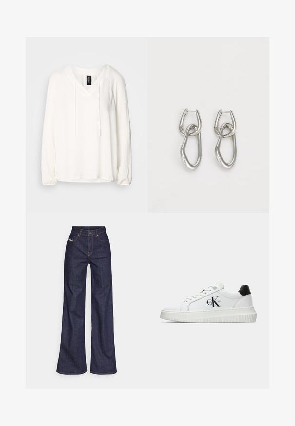 Long-sleeve white pullover with a V-neck, drawstring detail, and gathered sleeves. Soft fabric with a relaxed fit and a slightly curved hem.; Dark blue wide-leg jeans in denim fabric with a high waist, featuring orange stitching, five-pocket design, and a button closure.; White low-top sneaker with black heel tab, platform sole, laces, and Calvin Klein "CK" logo on the side.; Calvin Klein STATEMENT LINKS - Earrings - silver-coloured
