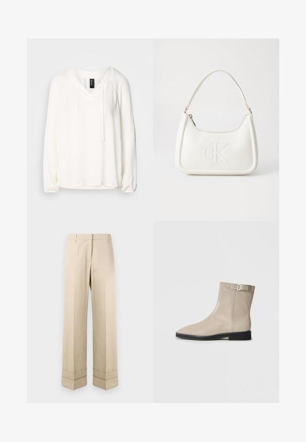 Long-sleeve white pullover with a V-neck, drawstring detail, and gathered sleeves. Soft fabric with a relaxed fit and a slightly curved hem.; Beige trousers with a straight fit, featuring a double cuff at the hem and a flat front design. Made of smooth, durable fabric.; Beige leather ankle boot with pointed toe, black sole, low heel, and gold buckle strap on outer side, shown on white background.; White leather handbag with a curved shape, featuring an embossed "CK" logo on the front and a single shoulder strap. Zipper closure at top.