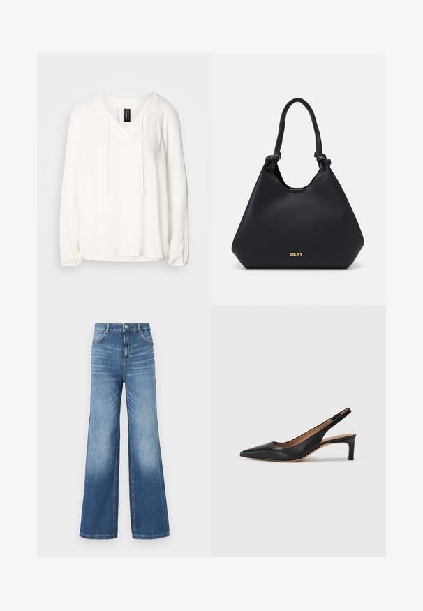 Langärmliger weißer Pullover mit V-Ausschnitt, KordelzugDETAIL und gerafften Ärmeln. Weicher Stoff mit lockerer Passform und leicht geschwungenem Saum.; Hellblaue Jeans in weiter Beinform mit hohem Bund, ausgestattet mit fünf Taschen, Gürtelschlaufen und einem subtilen Verblassen zum Saum hin.; Schwarze Leder-Slingback-Pumps mit spitzer Zehenform, niedrigem Absatz und glatter Textur. Verfügt über einen dünnen, verstellbaren Riemen für einen sicheren Sitz.; Schwarze Ledertasche mit strukturiertem Finish, geknoteten Handgriffen und goldfarbener Logodetailierung an der Basis. Sie hat eine lässige Silhouette.