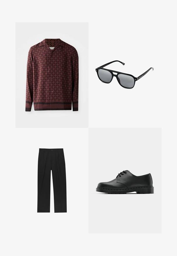 Langarmshirt met een bordeauxrood geometrisch patroon, een puntige kraag en een knoopsluiting aan de voorkant. Gemaakt van een gladde stof met een ontspannen pasvorm.; Witte katoenen tank tops, mouwloos ontwerp, ronde hals, effen textuur, gemaakt van een zachte, lichtgewicht stof. Twee stuks tentoongesteld.; Zwarte broeken met een recht model, gemaakt van een gladde stof. Voorzien van een voorplooien en een enkele knoopsluiting bij de taille.; Zwarte leren oxford schoenen met vetersluiting, ronde neus, platte rubberen zool en subtiele stiksel details langs het bovenwerk.; Zwarte zonnebril met rechthoekige montuur, grijs getinte glazen en een uitgesneden ontwerp bij de neusbrug. Strak, glanzend kunststof materiaal met smalle veren.