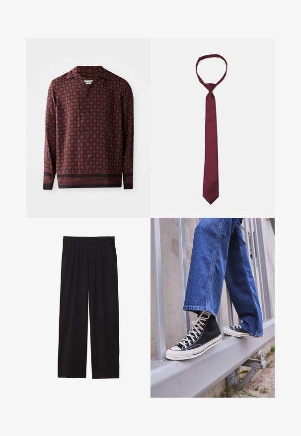 Langærmet skjorte med burgunder geometrisk mønster, spids krave og knaplukning foran. Fremstillet af glat stof med en afslappet pasform.; Sorte brede bukser med en plisseret front, sidelommer og en glat stoftekstur. Designet til en afslappet pasform.; Sorte høj-top sneakers med hvid sål og snørebånd, parret med løse blå denimjeans, hvilende på et gråt gelænder.; Bordeaux satin slipset med en glat tekstur, smal bredde og spids spids; har en løkke for nemt brug.
