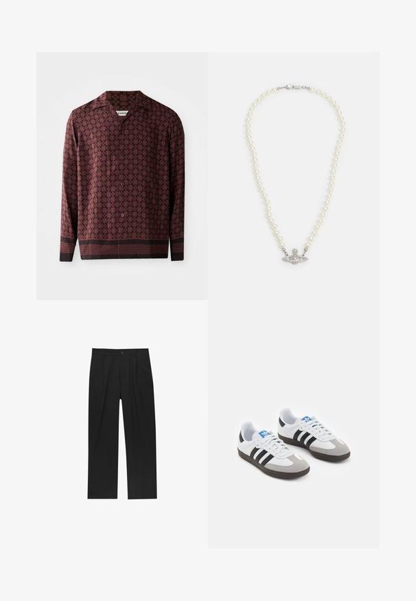 Camicia a maniche lunghe con un motivo geometrico bordeaux, colletto a punta e chiusura frontale con bottoni. Realizzata in tessuto morbido con una vestibilità rilassata.; Pantaloni neri con un design a gamba dritta, realizzati in un tessuto liscio. Presentano pieghe frontali e una chiusura a un bottone in vita.; Scarpe sportive con tomaia in pelle bianca, punta in suede grigia e tre strisce nere. Presentano un logo blu sulla linguetta e una suola in gomma testurizzata.; Collana di perle con chiusura in tono argento. Caratterizzata da perle bianche rotonde e un centro decorativo impreziosito da strass.