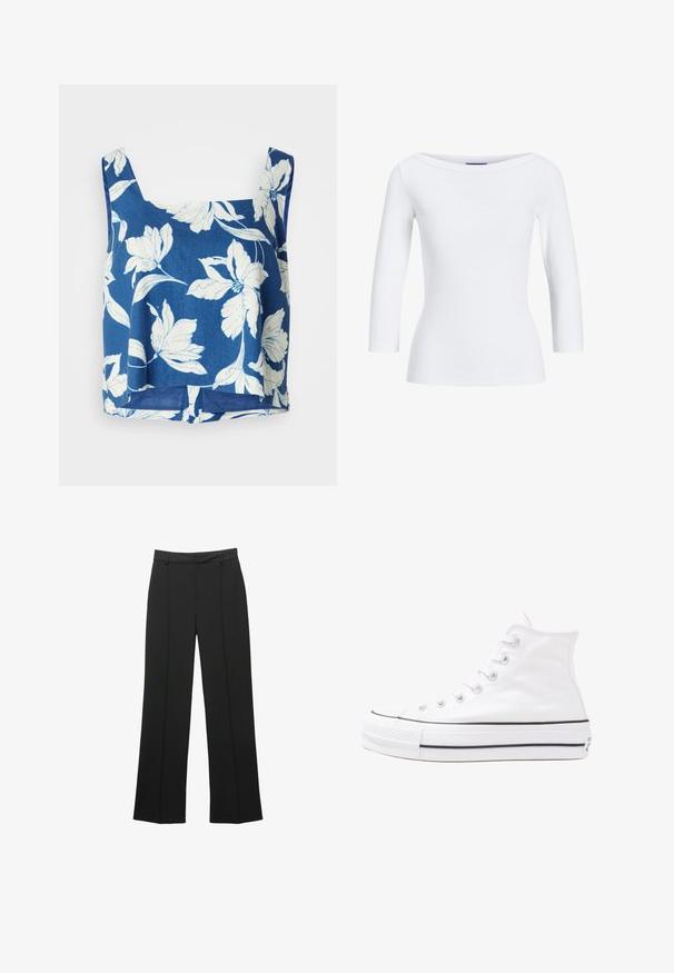 Blå blommig crop top med breda axelremmar, som har vita blommönster, en avslappnad passform och en något rundad nederkant. Tillverkad av lättviktig tyg.; Vit ribbad långärmad topp med båthalsringning. Tyget är slätt, figurn, och har en ren finish vid ärmsluten och nederkanterna.; Svarta byxor med raka ben gjorda av ett slätt tyg, med platt framstycke, hällor för skärp och inga synliga fickor, med en skräddarsydd passform.; Vit hög topp canvas sneaker med svart gummisulan, framsidan gummitåhätta och sex öglor för snören, med en ren, minimalistisk design.