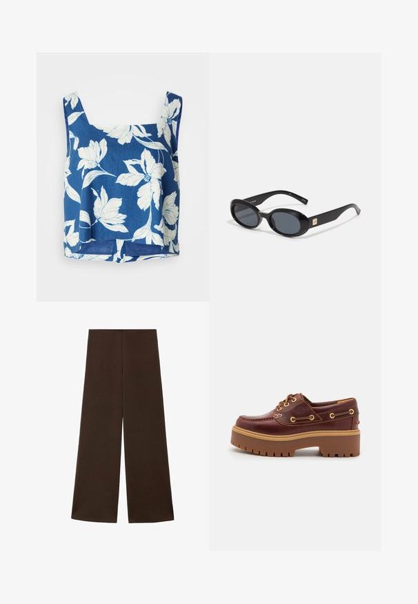 Top croppato floreale blu con spalline larghe, caratterizzato da motivi floreali bianchi, un taglio rilassato e un orlo leggermente curvato. Realizzato in tessuto leggero.; Pantaloni a gamba larga realizzati in un tessuto marrone scuro e liscio. Presentano una vita alta e un design minimalista senza decorazioni.; Scarpa da barca in pelle marrone con suola in gomma marrone robusta, occhielli dorati e cuciture a contrasto. Presenta un logo sul lato.; Occhiali da sole ovali neri con lenti scure, montatura in plastica lucida, aste larghe e un piccolo accent in oro su un lato.