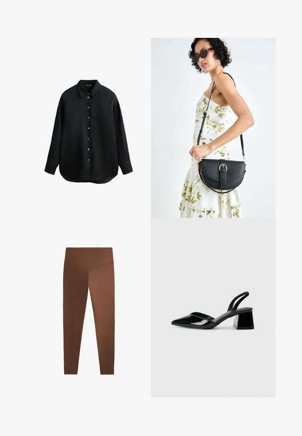 Črna lanena srajca s koničastim ovratnikom, gumbom spredaj, dolgimi rokavi, žepom na levem prsnem delu in zaobljenim robom. Mehka tekstura s sproščenim krojem.; Rjave legice z gladko strukturo, visokim pasom in zoženimi nogami, narejene iz raztegljivega materiala. Brez vzorcev ali vidne opreme.; Črne lakirane slingback pete s koničastim nosom in geometrijsko blokasto peto. Imajo eleganten, minimalističen dizajn in gladko teksturo.; Črna usnjena torbica s ukrivljeno obliko, z odstranljivo naramnico in zlatimi dodatki. Torbica ima pokrov s podrobnostmi v obliki zaponke.