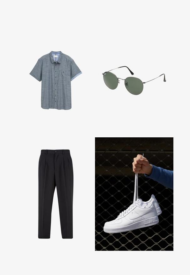 Camicetta a maniche corte in grigio scuro con una sottile texture, dotata di una tasca sul petto e polsini a contrasto in azzurro chiaro.; Pantaloni neri con design a pieghe sul davanti, realizzati in tessuto morbido. Presentano una chiusura con bottone e passanti per cintura; vestibilità a gamba dritta.; Sneakers in pelle bianca con perforazioni, punta rotonda, suola piatta e lacci spessi, con logo swoosh visibile e "AIR" sul tallone.; Occhiali da sole con montatura in metallo e lenti verdi ovali. Montatura sottile in metallo argento e terminali neri. Design minimalista, senza loghi visibili.