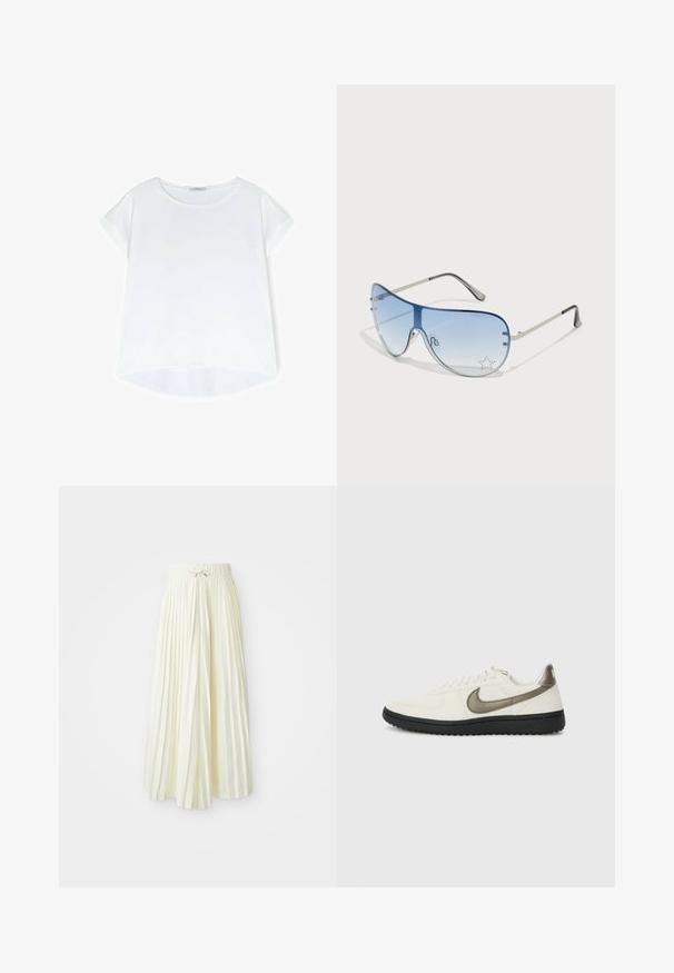 Valkoinen lyhythihainen t-paita pyöreällä pääntiellä, valmistettu sileästä kankaasta. Ominaisuuksia ovat rento istuvuus ja hieman kaareva helma.; Pleatattu midi-hame vaaleankeltaisesta kankaasta, jossa on joustava vyötärö ja nauhakiinnitys, sileä pinta ja pystysuorat raidat lisäyksityiskohtina.; Nike Sportswear FIELD GENERAL - Matalavartiset tennarit - off-white/black; Aviator-mallin aurinkolasit, jotka ovat varustettu gradienttisilla sinisillä linsseillä, hopeisella metallikehyksellä ja koristeellisilla tähtikoristeilla linsseissä. Joustava ja viehättävä muotoilu.