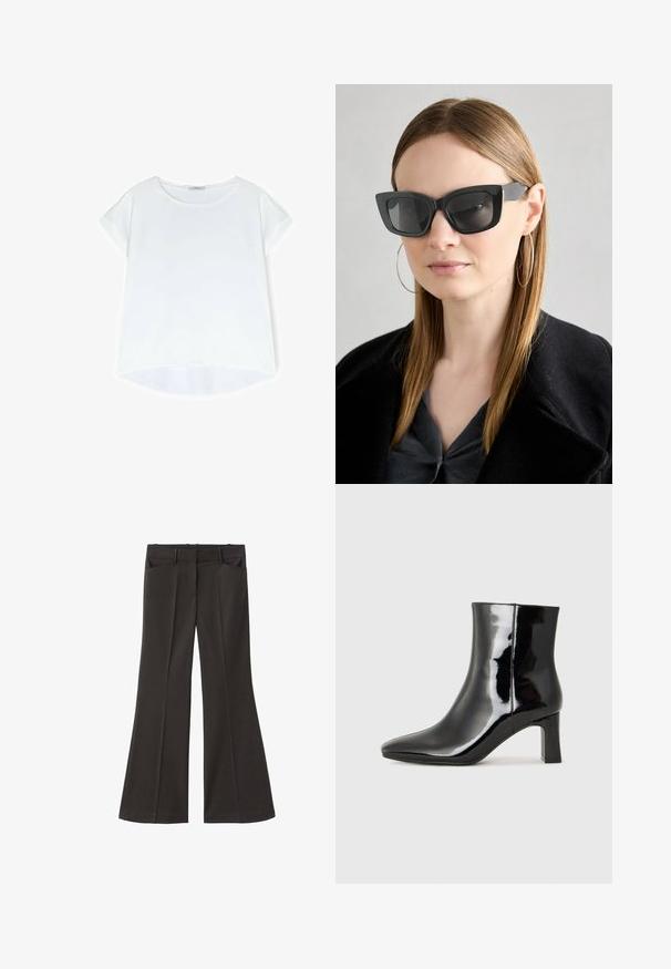 Weißes T-Shirt mit kurzen Ärmeln und rundem Ausschnitt, aus glattem Stoff gefertigt. Verfügt über einen lockeren Schnitt und einen leicht geschwungenen Saum.; Schwarze, weit geschnittene Hosen mit hoher Taille; verfügt über zwei Fronttaschen und eine glatte Stoffoberfläche. Geeignet für verschiedene Anlässe.; Schwarzer Lackleder-Stiefelette mit spitzer Zehe und einem mittelhohen Blockabsatz. Glatte Textur und minimalistisches Design.; Schwarze Katzenaugen-Sonnenbrille mit dunklen Gläsern, dicken Rahmen und subtilen Akzenten. Getragen mit einem schwarzen Mantel und einem grauen Oberteil, dazu lange, glatte Haare.