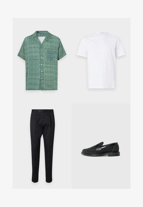 Rövid ujjú zöld ing, sötétebb zöld és aqua színű geometrikus mintával, gombos elülső résszel és tábori gallérral.; Fehér pamut póló kerek nyakkivágással és rövid ujjakkal. Simaságú textúra, egyenes szabás és minimalista kialakítás minták vagy díszítések nélkül.; Fekete nadrág sima anyagból, elöl hajtással, gombos záródással és felgöngyölt szárakkal a bokánál.; Fekete szőtt slip-on cipő sima bőr díszítéssel a felsőrészen, kerek orral és alacsony profilos gumitalppal.