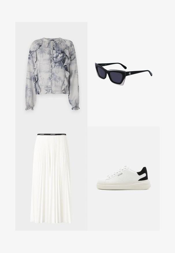 Lightweight blouse featuring a blue floral and landscape print. Ruffles along shoulders and button front. Long sleeves with elastic cuffs.; Pleated white skirt with a black elastic waistband featuring the "LACOSTE" logo. Mid-length design with soft texture.; White leather sneakers with a thick white sole, black suede heel accent, and embossed logo on the side. Laced design with six eyelets.; Black oversized sunglasses with a geometric shape, featuring dark lenses and a contrasting grey detail on the frame. Logo on the arm.