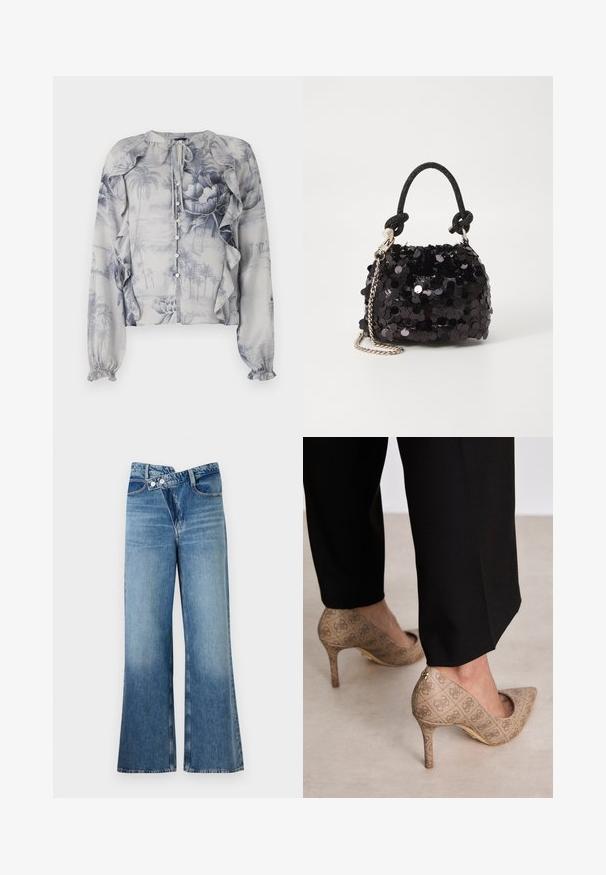 Lekka bluzka z niebieskim nadrukiem w kwiaty i krajobraz. Falbany na ramionach oraz zapięcie na guziki z przodu. Długie rękawy z elastycznymi mankietami.; Jasnoniebieskie dżinsy o fasonie dzwonów z wysokim stanem, z dwiema guzikami i kieszeniami z przodu. Materiał ma wyblakłą fakturę z subtelnymi odcieniami.; Beżowe szpilki z teksturowanej tkaniny z powtarzającym się wzorem. Spiczasty krój z tylnym akcentem i złotym detalem na obcasie.; Czarna mini torebka z cekinami, z węzłowym, teksturowanym paskiem i srebrnym łańcuchem. O zaokrąglonym kształcie z marszczoną górą i refleksyjnymi detalami.