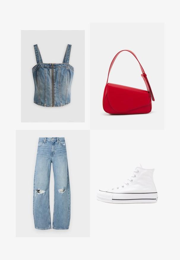 Top cropped em denim com alças largas, apresentando um fecho de correr na frente. Cor azul clara com costuras verticais e um design ajustado.; Jeans de lavagem clara, de cintura alta, feitos de denim. Apresentam pernas largas, duas áreas rasgadas nos joelhos e o estilo clássico de cinco bolsos.; Sapatilha alta de tela branca com sola de borracha preta, bico de borracha na frente e seis ilhós para os atacadores, apresentando um design limpo e minimalista.; Bolsa de mão em couro vermelho com um design angular e geométrico. Apresenta uma única alça ajustável e um fecho com aba, com detalhes cosidos.