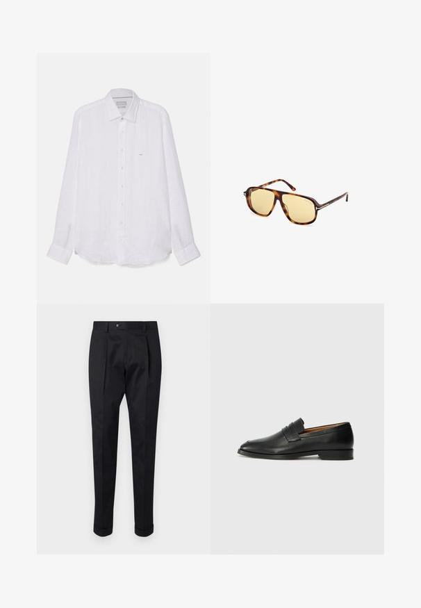 Camicia bianca a maniche lunghe in lino. Presenta un colletto a punte, chiusura frontale con bottoni e un piccolo logo ricamato sul lato sinistro del petto.; Pantaloni neri realizzati in un tessuto liscio, con una piega sul davanti, chiusura con bottone e risvolti alla caviglia.; Mocassino in pelle nera con punta arrotondata, dettagli cuciti sottili e tacco basso, caratterizzato da una texture liscia e un design minimalista.; Occhiali da sole con montatura in acetato tartarugato, lenti gialle, forma quadrata e dettagli in metallo sulle tempie.