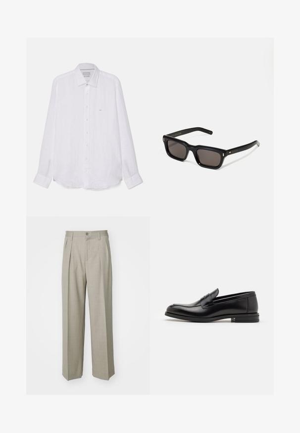 Balts garām piedurknēm krekls, izgatavots no linu auduma. Tam ir norādes tipa apkakle, pilnīgas pogas priekšā un neliela izšūta logo kreisajā krūtī.; Filippa K WIDE TROUSERS - Auduma bikses - sage melange; Melnas ādas kurpes ar gludu tekstūru, noapaļu purngalu un dekoratīvu siksniņu pāri priekšpusei. Zems sakrauts papēdis, minimālisma dizains.; Melnas taisnstūra formas saulesbrilles ar tumšiem stikliem, bieza plastmasas rāmja, zelta akcenti pie tempļiem un zīmola logo iegravēts roku daļā.