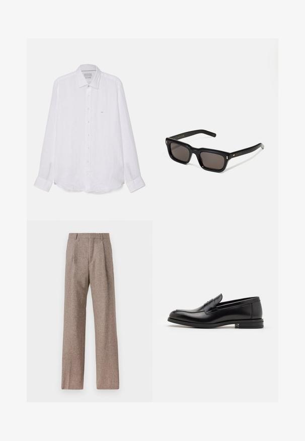 Biela košeľa s dlhým rukávom vyrobená z ľanu. Obsahuje špicatý golier, úplný gombíkový zapínací predok a malé vyšívané logo na ľavej hrudi.; Hnedé, vysoké nohavice vyrobené z texturovanej látky. Majú široké nohavice a dva predné záhyby pre štruktúru. Úhľadné spracovanie bez viditeľného kovania.; Čierne kožené mokasíny s hladkou textúrou, zaoblenou špičkou a dekoračným pásikom cez priehlavok. Nízky vrstvený opätok, minimalistický dizajn.; Čierne obdĺžnikové slnečné okuliare s tmavými sklami, hrubým plastovým rámom, zlatými detailami na spánkoch a vygravírovaným logom značky na ramene.